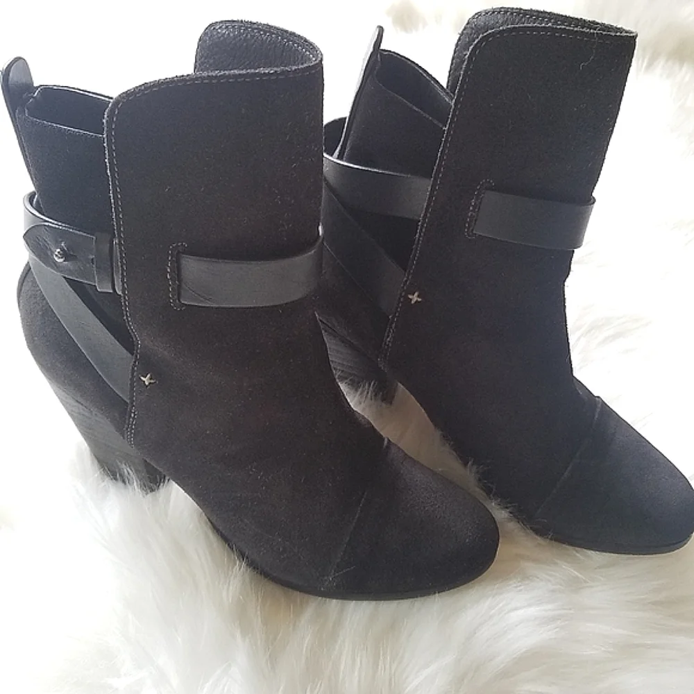 Rag & Bone Harrow Black Suede Leather Ankle Boots Chunky Stacked Heel sz38